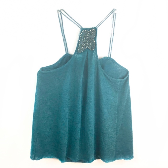 FREE PEOPLE Deep Turquoise Beaded Neckline ‘Persephone’ Slub Knit Swing Tank Top - Picture 6 of 8